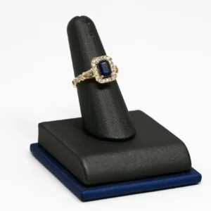 Emerald Cut Blue Sapphire With Diamond Halo in Yellow Gold